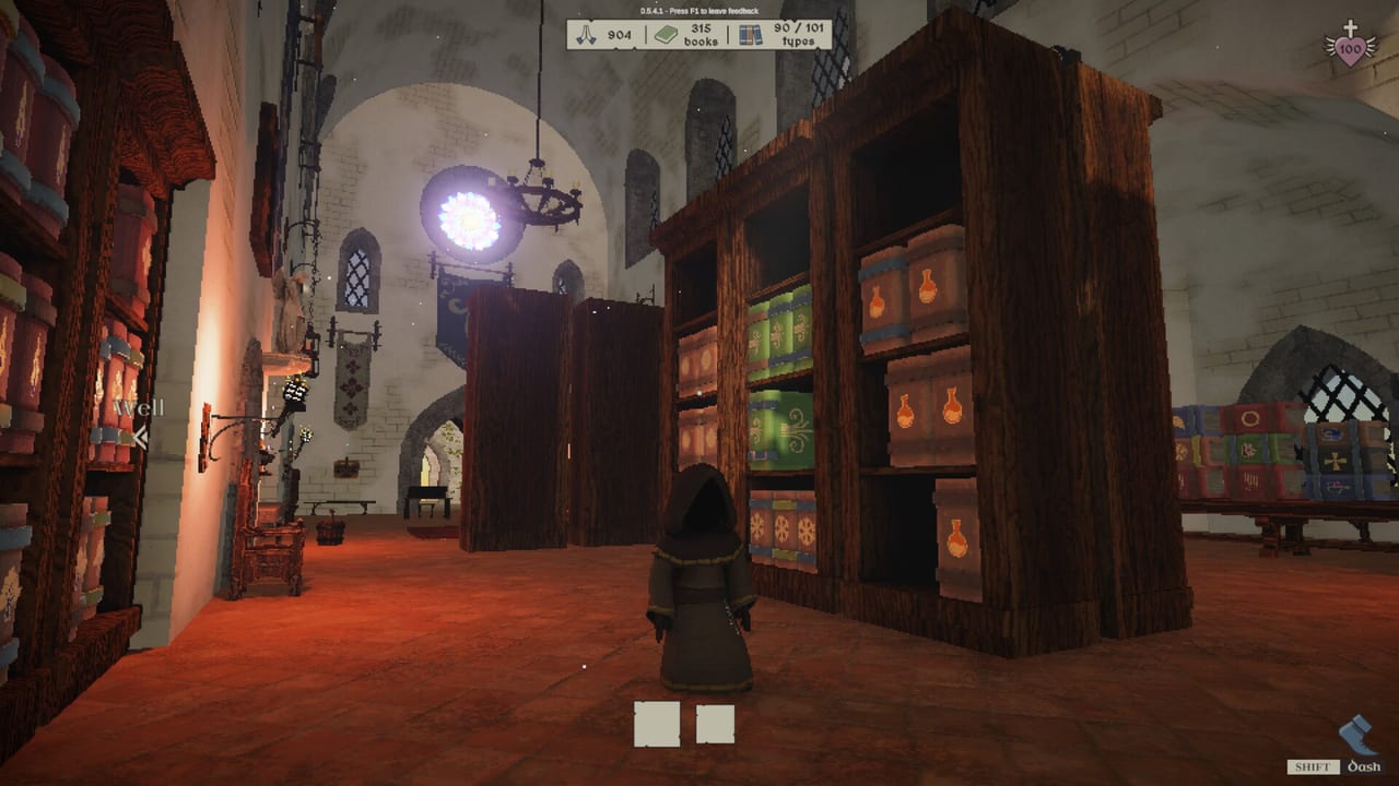 Hooded novice facing wooden shelves of illustrated books in the Holy Island library.