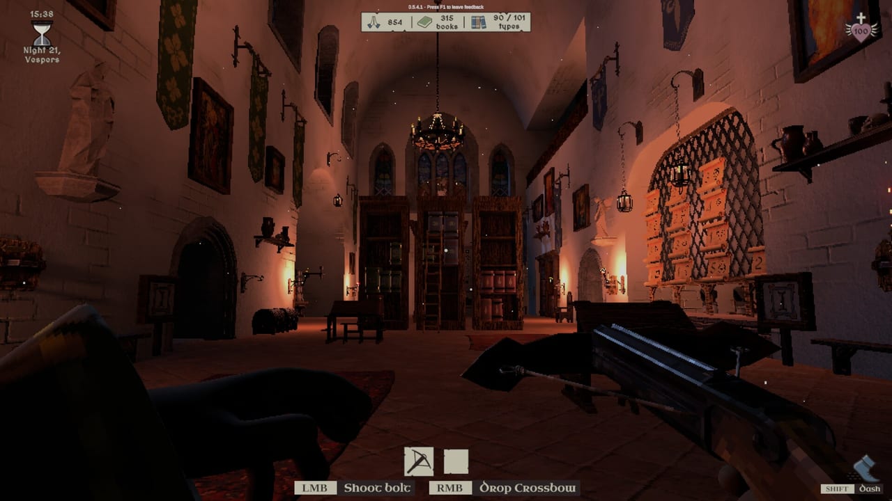 Candlelit monastic library hall with tall shelves, a ladder, and the night HUD.